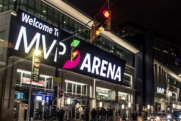 MVP Arena sign at night